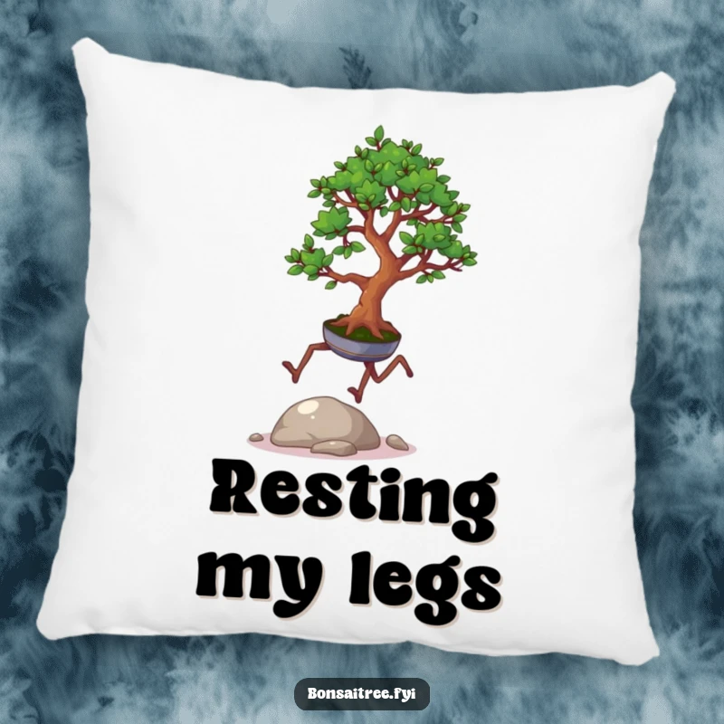 Funny decorative pillow featuring a bonsai tree with legs in motion, playfully hopping over a pebble, perfect for a whimsical accent.
