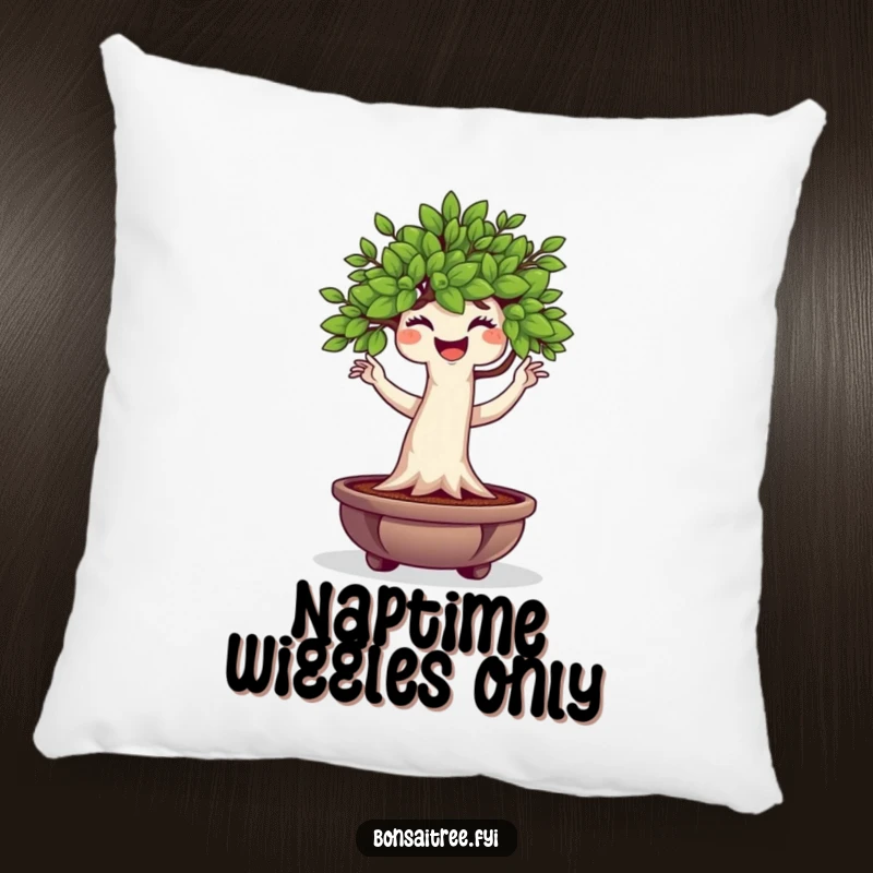 Funny Bonsai Tree Pillow showcasing a plump character doing a happy wiggle dance, providing soft comfort and a humorous decorative element.