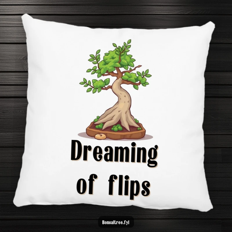 Funny bonsai tree character attempting a silly little somersault, providing silly comfort on a soft pillow.