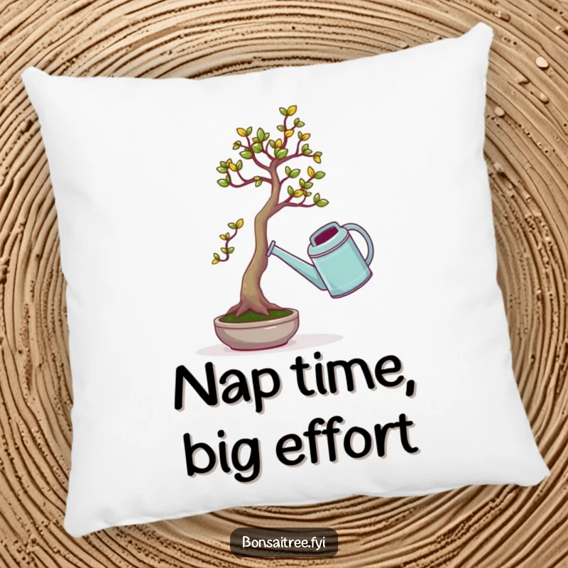 Funny pillow showcasing a small bonsai tree comically struggling to maneuver a giant watering can, a humorous and cozy decor piece.