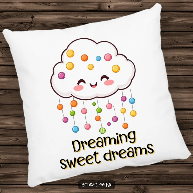 Funny cloud pillow, illustrated with colorful candy drops raining down, designed for sweet and cozy enjoyment.