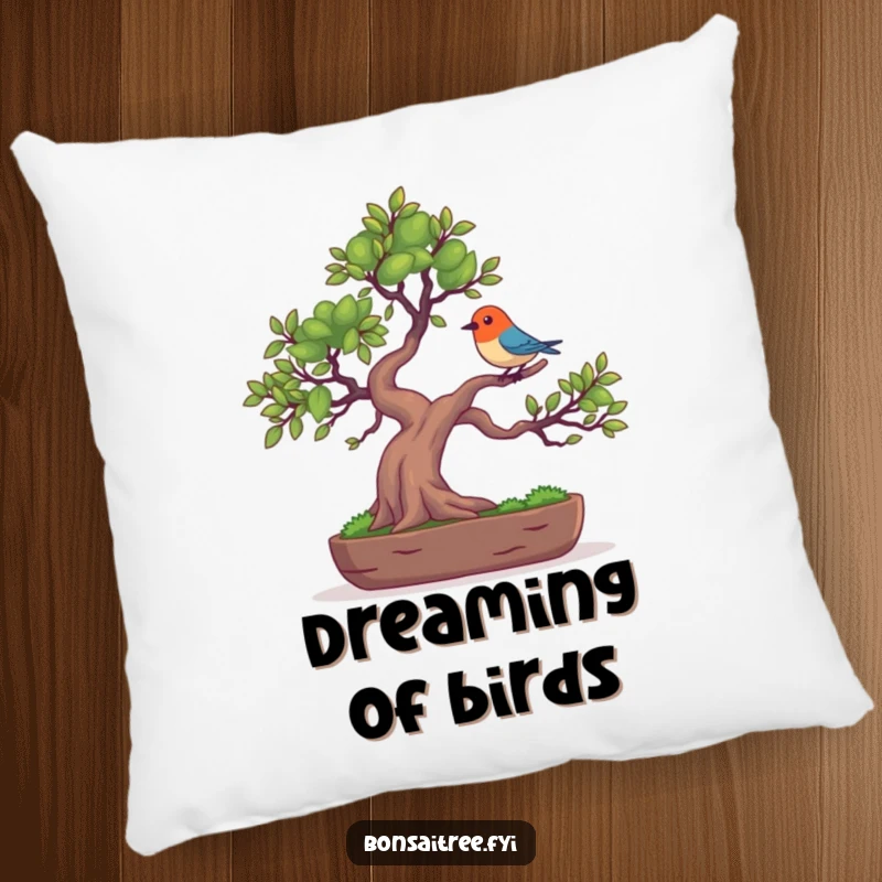 Funny decorative pillow featuring a bonsai tree character balancing a tiny, colorful bird on its branch, offering comfort and natural humor.