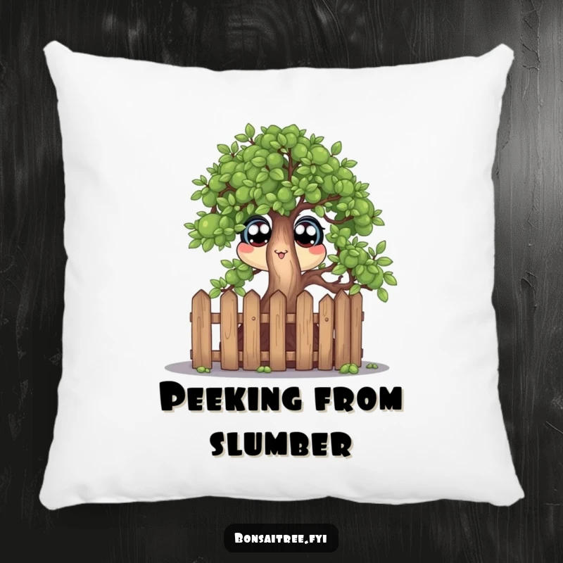 Funny decorative pillow featuring a wide-eyed bonsai tree character peeking over a miniature fence, offering comfort and humorous appeal.