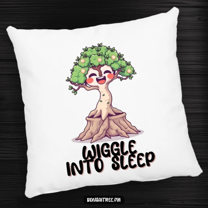 Funny decorative pillow featuring a joyful bonsai tree with wiggling roots, offering comfort and humorous cheer.