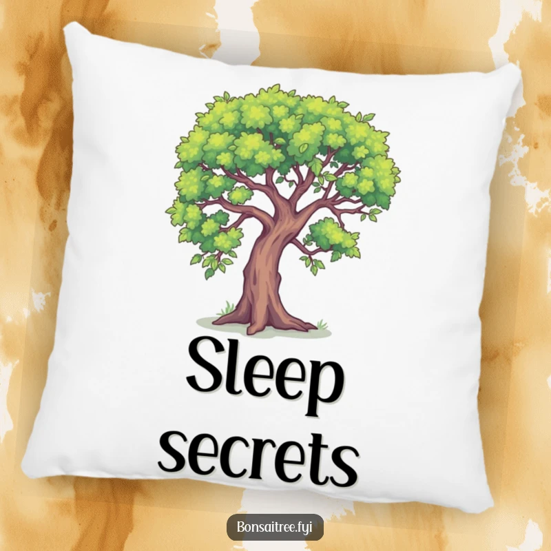 Funny, soft pillow featuring a small tree leaning in, as if sharing a funny secret.