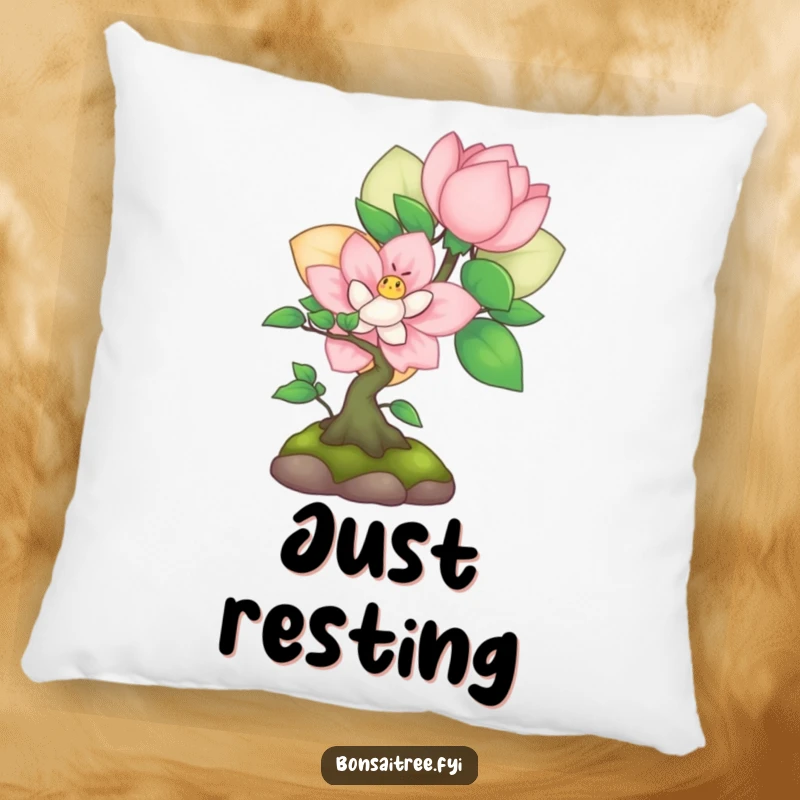 Funny shy bonsai peeking from behind a flower on a soft pillow, perfect for cute, humorous, and comfortable decor.
