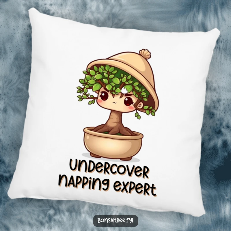 Funny shy bonsai tree character peeking out from under a tiny hat, offering shy comfort on a soft pillow.