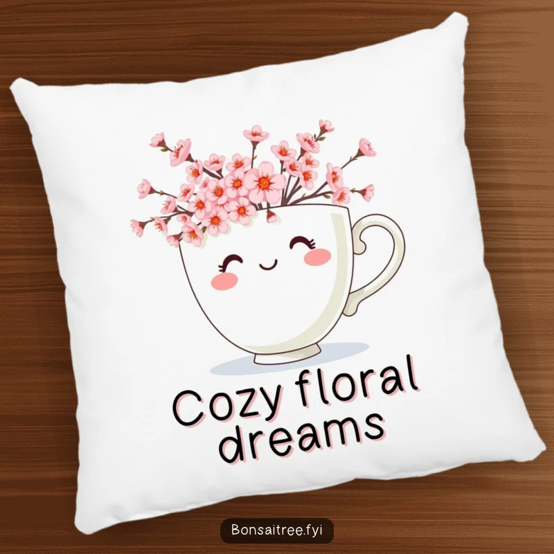 Funny pillow featuring a cheerful teacup character generously overflowing with tiny pink cherry blossoms, offering comfort and floral charm.