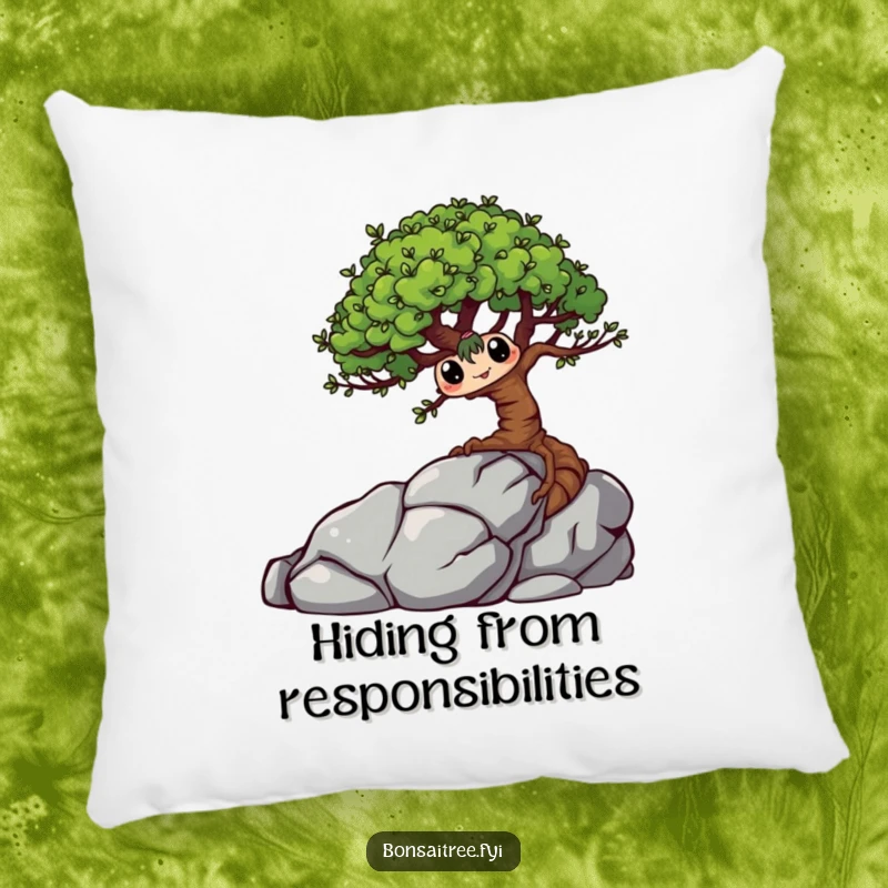 Funny Bonsai Tree Pillow showcasing a mischievous character playfully hiding behind a rock, providing soft comfort and a humorous decorative element.