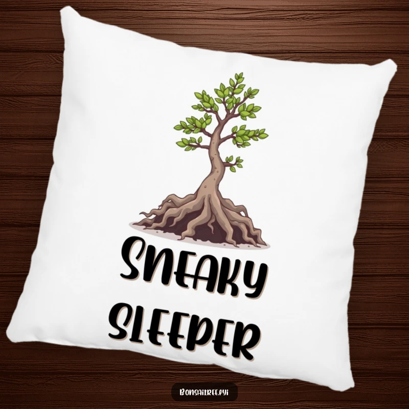 Funny pillow featuring a mischievous bonsai tree and its playful roots, offering comfort and a touch of cheeky humor.