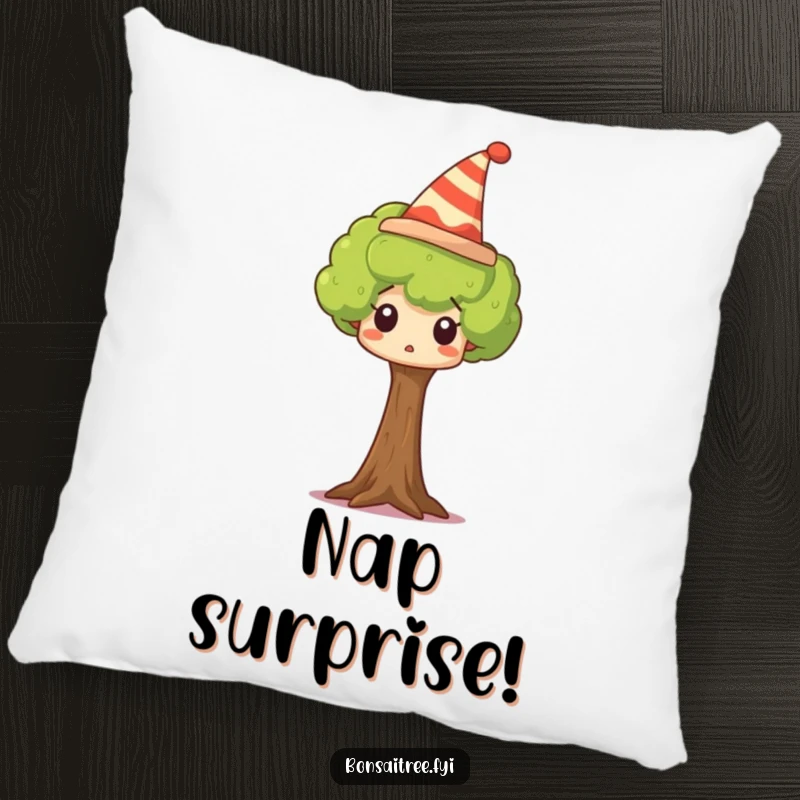 Funny tree pillow featuring a tiny tree wearing a silly hat and looking comically surprised, perfect for relaxing.