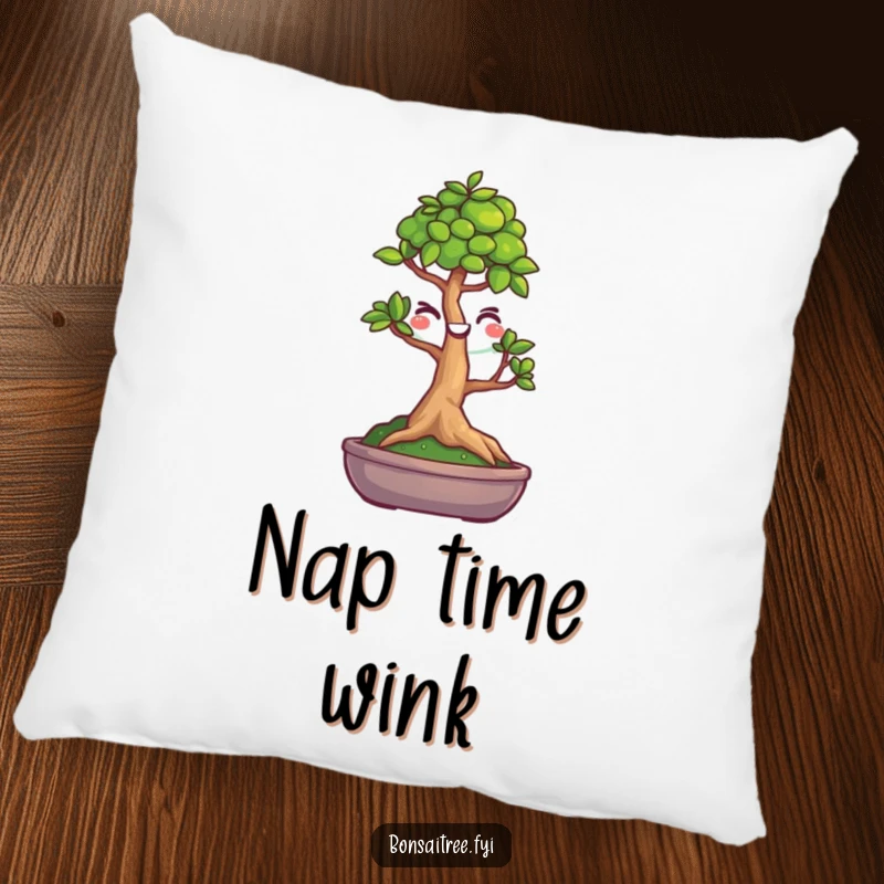 Funny, soft throw pillow featuring a winking bonsai tree, ideal for adding comfort and humor to a sofa.