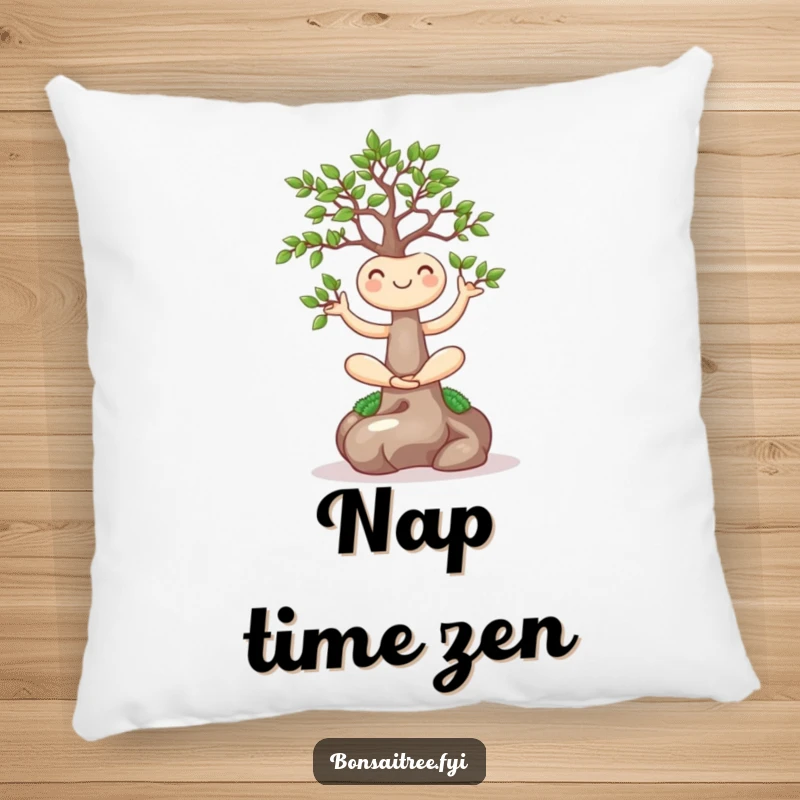 Funny pillow featuring a smiling bonsai tree in a yoga pose, perfect for adding comfort and a touch of mindful humor.