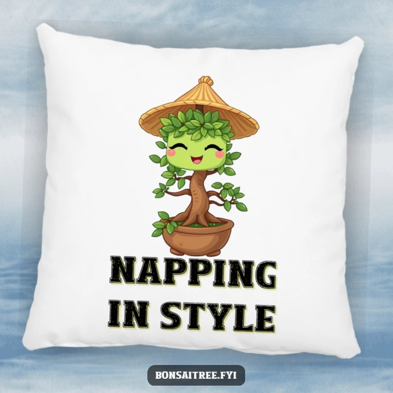 Funny Bonsai Tree Pillow: A cozy pillow featuring a bonsai character giving a playful wink while wearing a miniature straw hat.