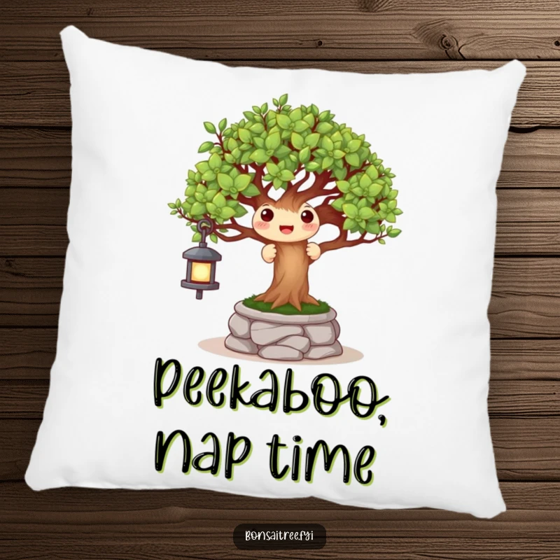 Funny pillow with a joyful bonsai tree character peeking from behind a small stone lantern, offering cozy and playful decor.