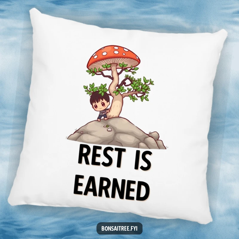 Funny bonsai character pushing a large mushroom uphill, soft pillow design for humorous and comfortable home decor.