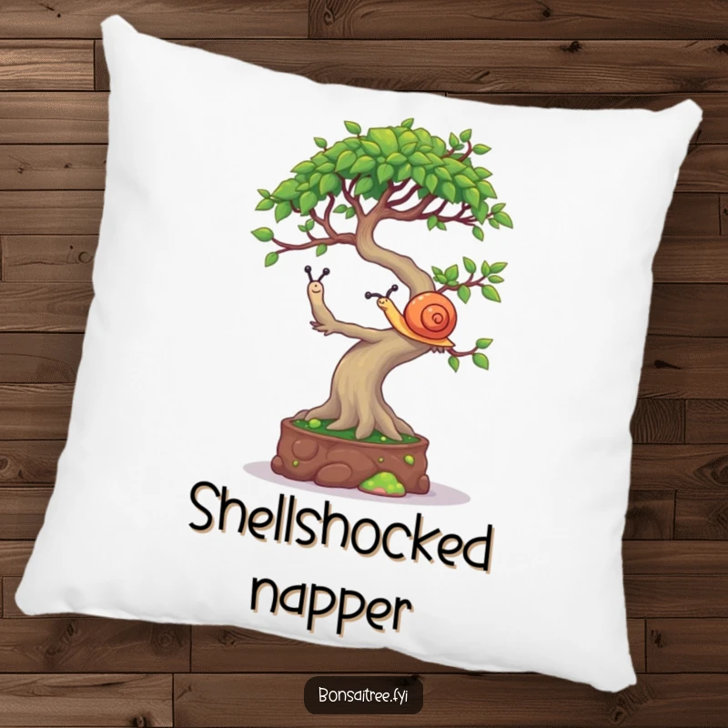Funny Bonsai Tree Pillow: A mischievous bonsai character attempting to balance a tiny snail on its canopy, perfect for cozying up.