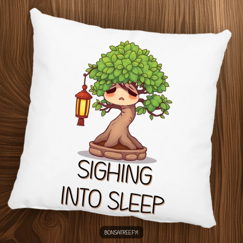 Funny weary bonsai tree character sighing contentedly under a tiny lantern, offering peaceful comfort on a soft pillow.