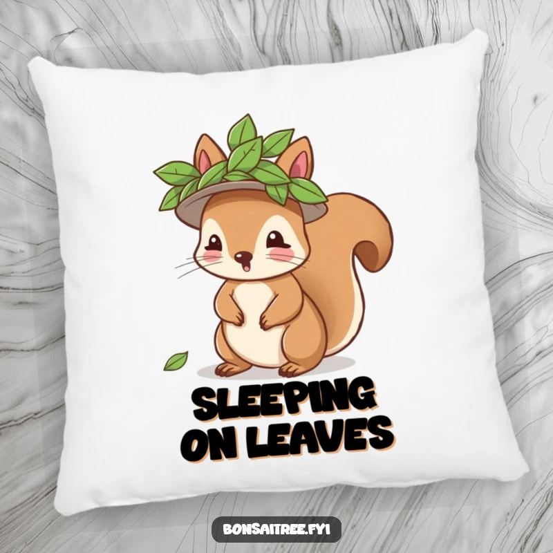 Funny playful squirrel character wearing a leaf hat, designed on a soft pillow, offering comfort and humor, a cute accent.