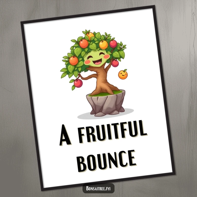 Funny joyful bonsai tree character bouncing a small, colorful fruit, captured as cheerful digital art.