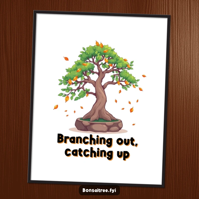 Funny Leaf-Catching Bonsai Tree Digital Art Print: A bonsai catches falling leaves, offering instant, humorous, and beautifully serene wall decor.