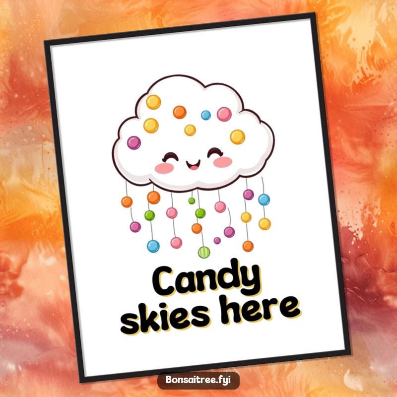 Funny cloud digital art print, joyfully raining colorful candy drops, a sweet and whimsical piece of art.