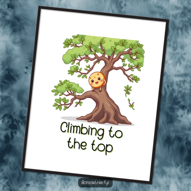 Funny digital art print of a cookie character climbing a detailed bonsai branch, capturing a humorous and adventurous spirit.