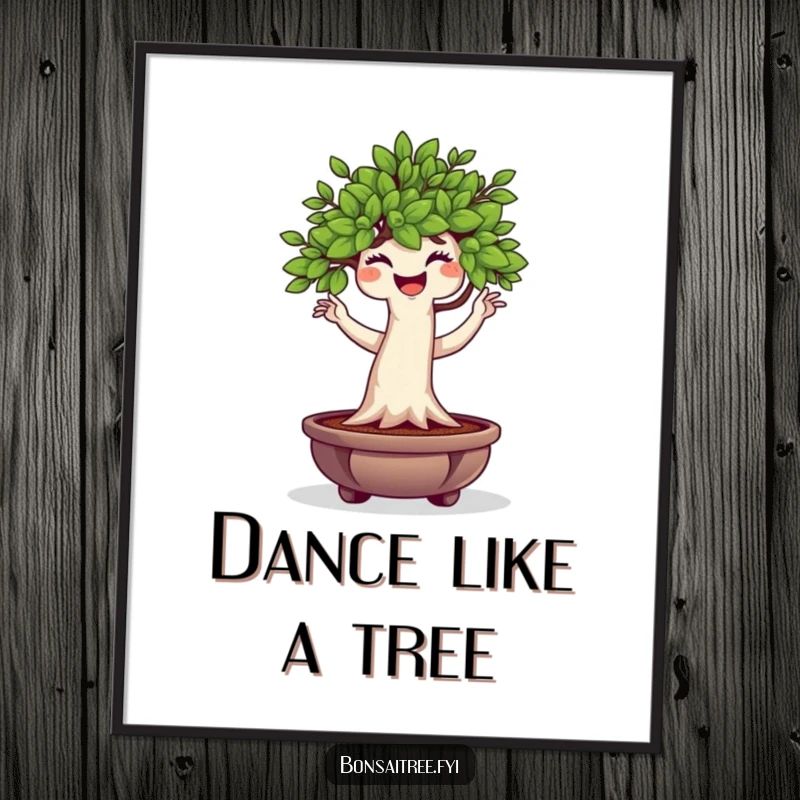 Funny Bonsai Tree Digital Art Print of a plump character doing a wiggle dance, offering a downloadable dose of playful botanical humor.