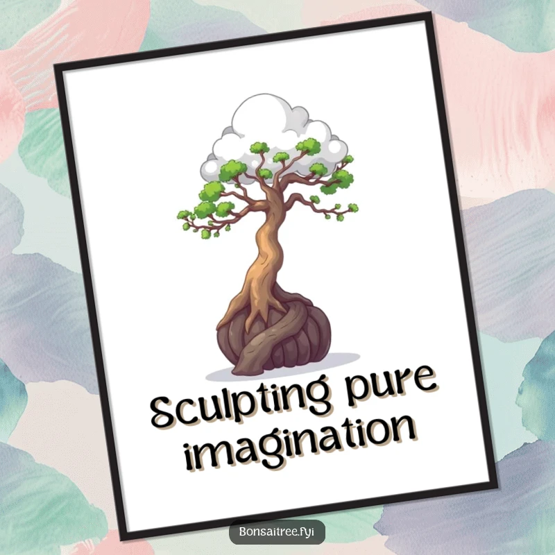 Funny, downloadable digital art print of a bonsai tree artistically sculpting a cloud, perfect for whimsical decor.