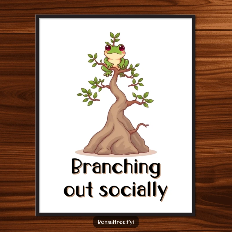 Funny digital art print of a playful bonsai tree character balancing a green frog on its highest branch. Serene and humorous art.