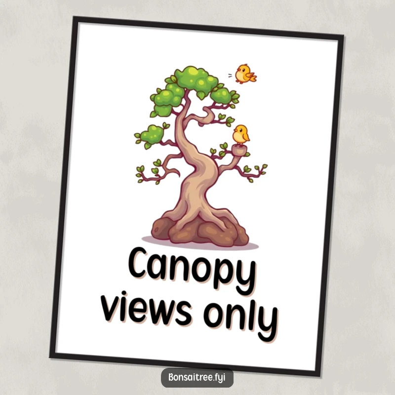 Funny Bonsai Tree Digital Art Print: A charming illustration of a bonsai character giggling joyfully as a small bird lands on its highest branch.