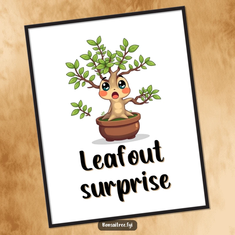 Funny Bonsai Tree Digital Art Print of a surprised character with leaves popping outwards, offering a downloadable dose of playful botanical humor.