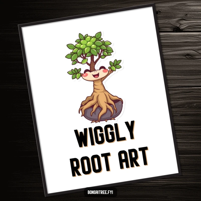 Funny Bonsai Tree Digital Art Print of a smiling character with roots wiggling, offering a downloadable dose of playful botanical humor.