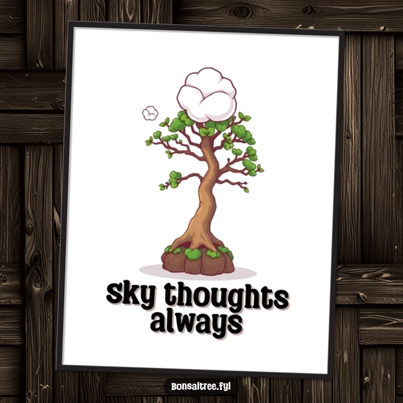 Funny digital art print of a curious bonsai tree character gazing at a cotton ball, ready for whimsical wall decor.