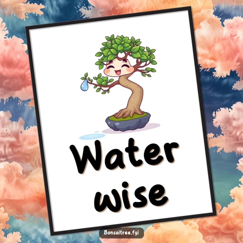 Funny giggling bonsai balancing a water droplet on a leaf on a digital art print, perfect for whimsical decor and humorous display.