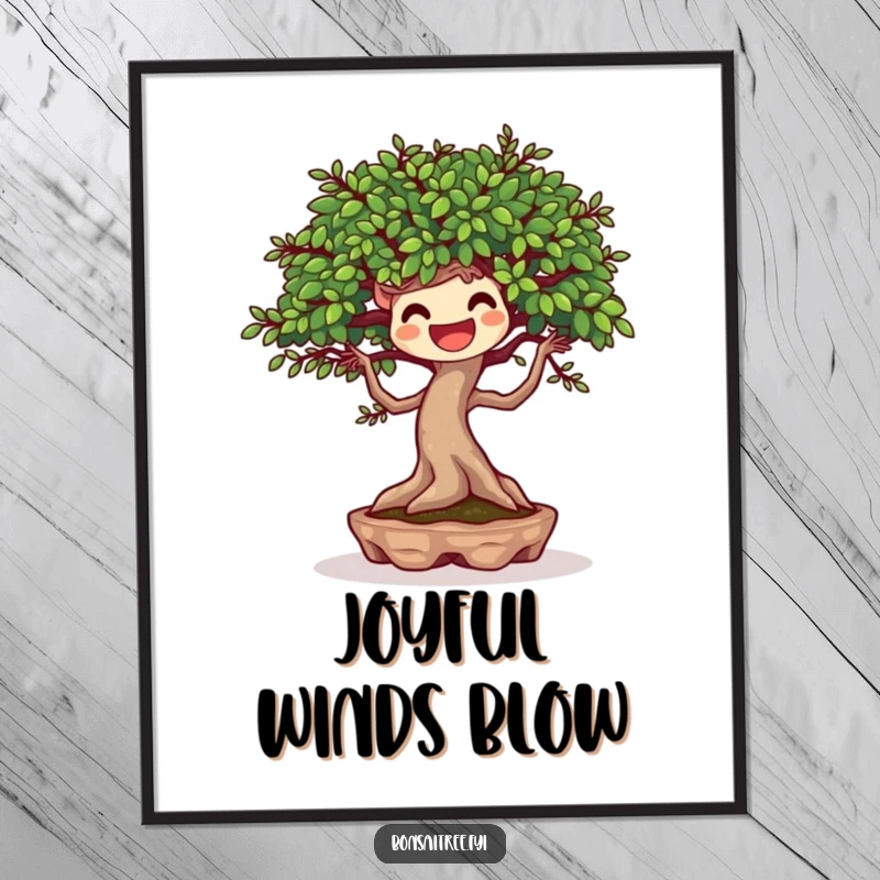 Funny digital art print of a joyful bonsai tree character dancing with a breeze, ready for lively wall decor.