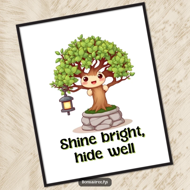 Funny digital art print of a happy bonsai tree character playing peek-a-boo behind a miniature stone lantern, evoking playful joy.