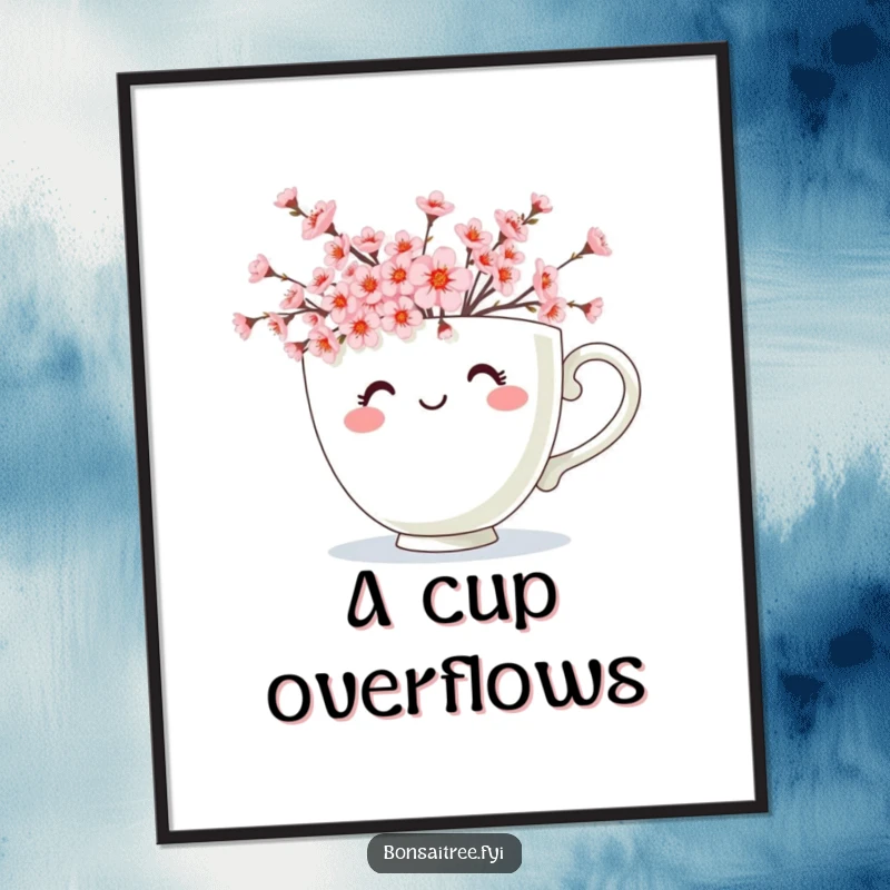 Funny digital art print of a smiling teacup character overflowing with numerous small cherry blossoms, a cheerful and floral design.