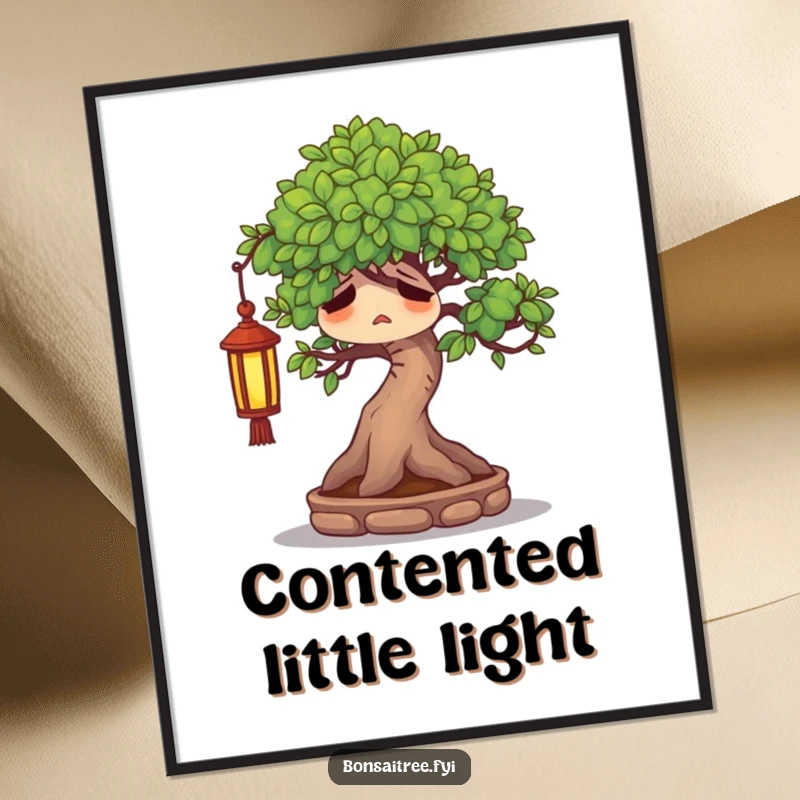 Funny weary bonsai tree character sighing contentedly under a tiny lantern, rendered as serene digital art.