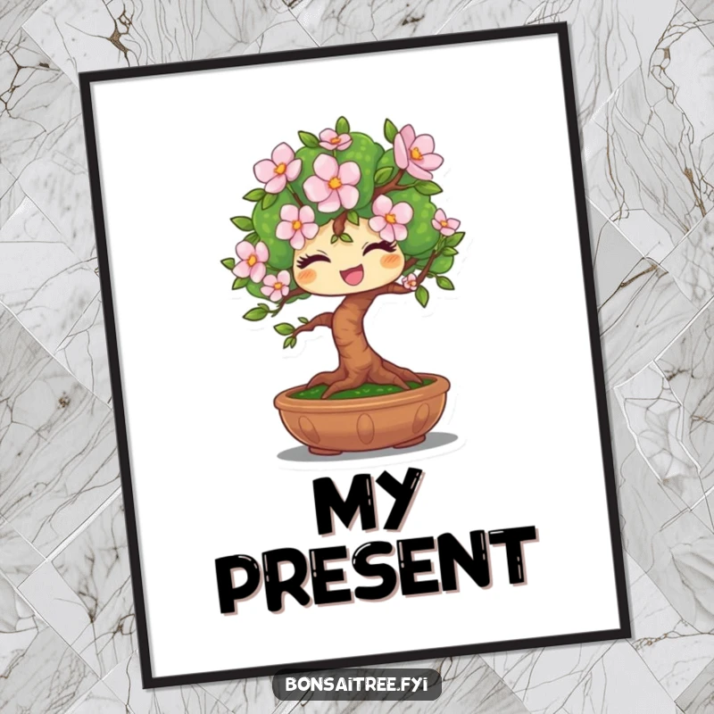 Funny digital art print of a winking bonsai tree character presenting a perfect bloom, ready to be framed and displayed.