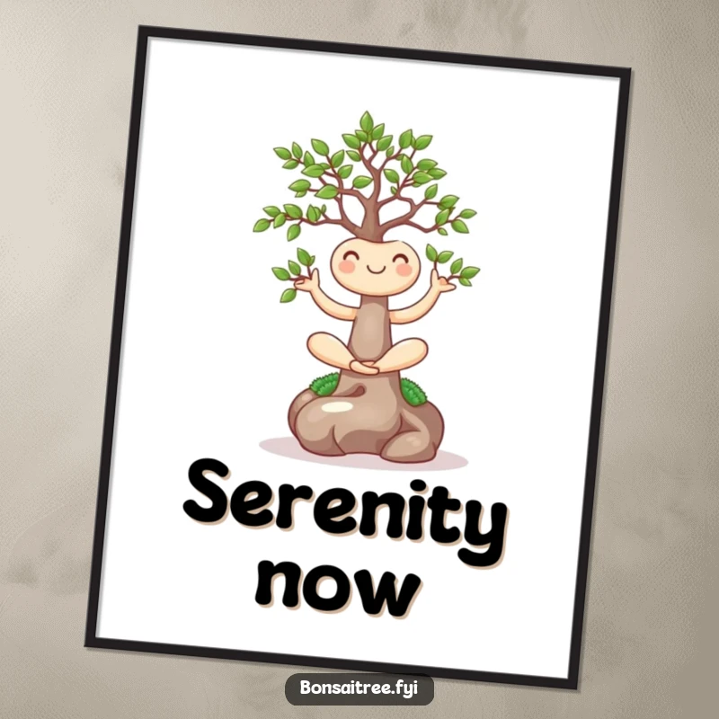 Funny digital art of a smiling bonsai tree in a yoga pose, offering instant artistic humor and a zen vibe.