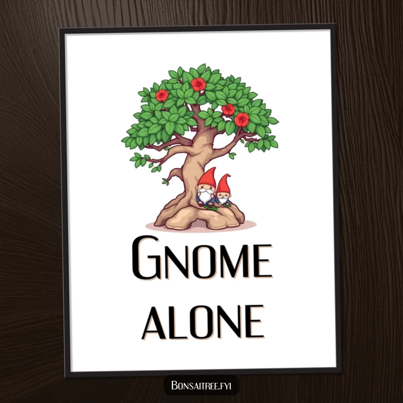 Funny mischievous bonsai winking and hiding a gnome on a digital art print, perfect for witty decor and humorous display.