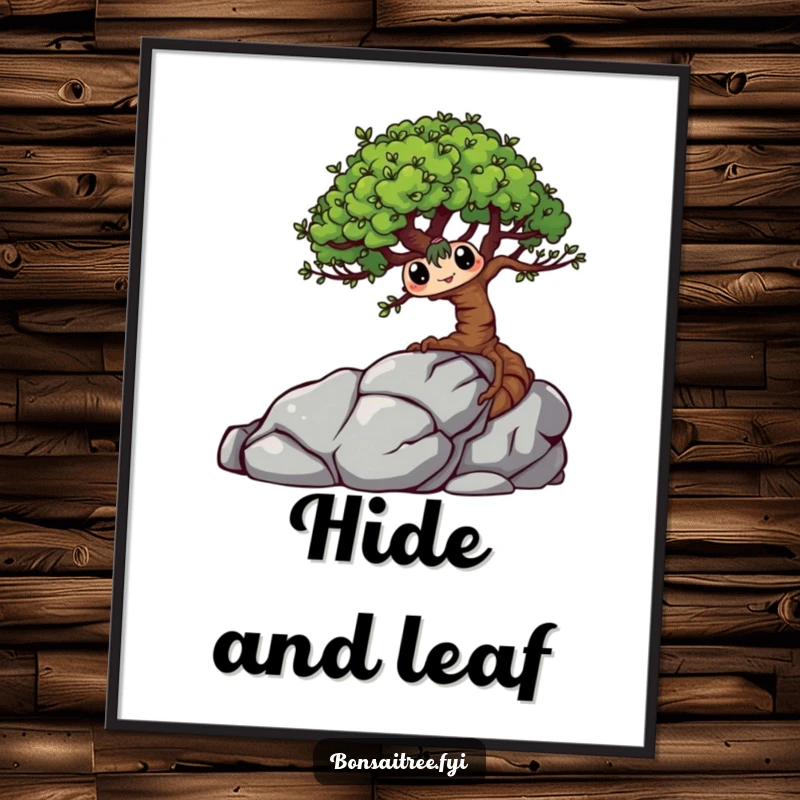 Funny Bonsai Tree Digital Art Print of a mischievous character hiding behind a rock, offering a downloadable dose of playful botanical humor.
