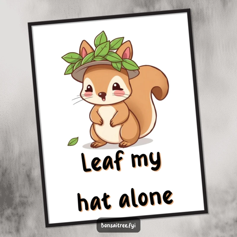 Funny playful squirrel character wearing a leaf hat, printable digital art, perfect for adding whimsical decor, a humorous illustration.