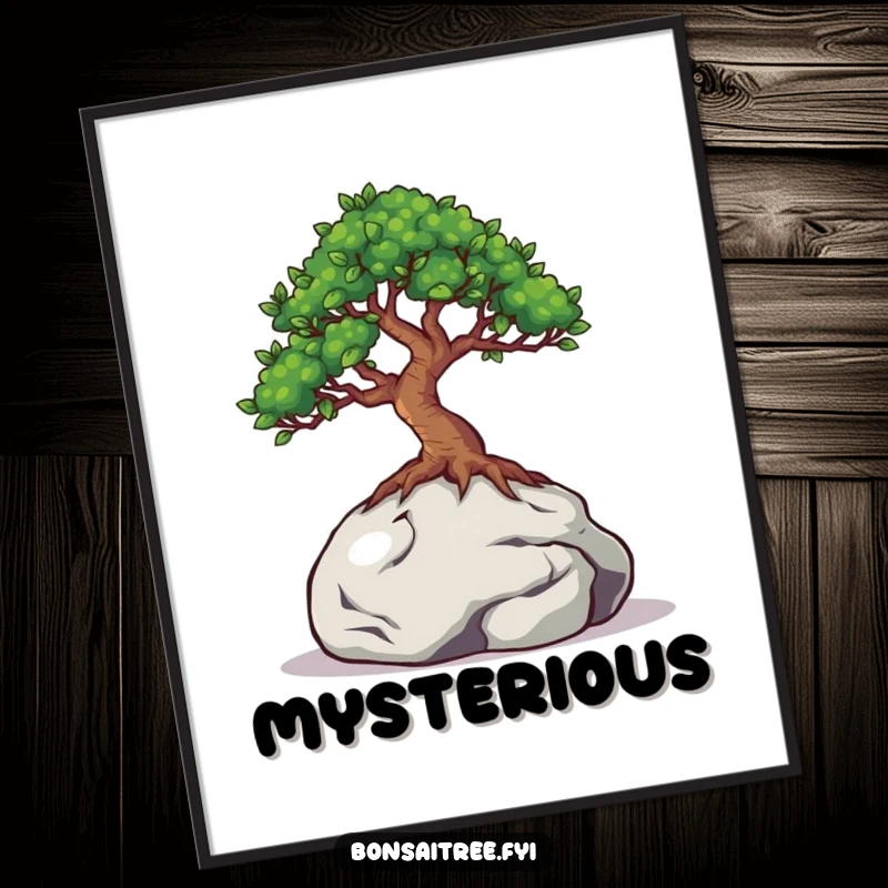Funny digital art print of a bonsai tree with eyes peeking from behind a miniature rock, perfect for adding whimsical decor.