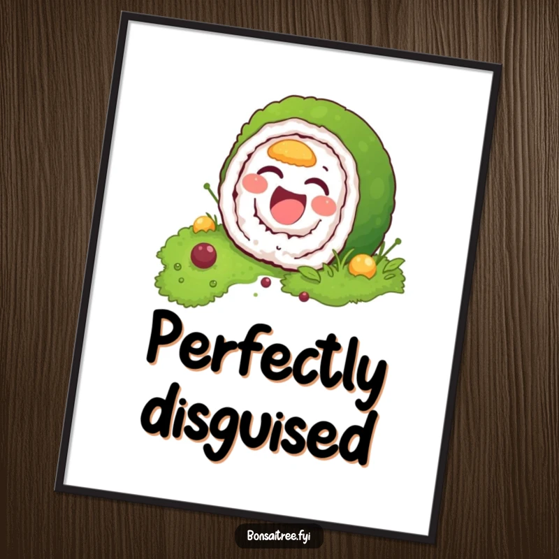 Funny digital art print of a laughing sushi roll character trying to hide within moss, a humorous and eye-catching design.