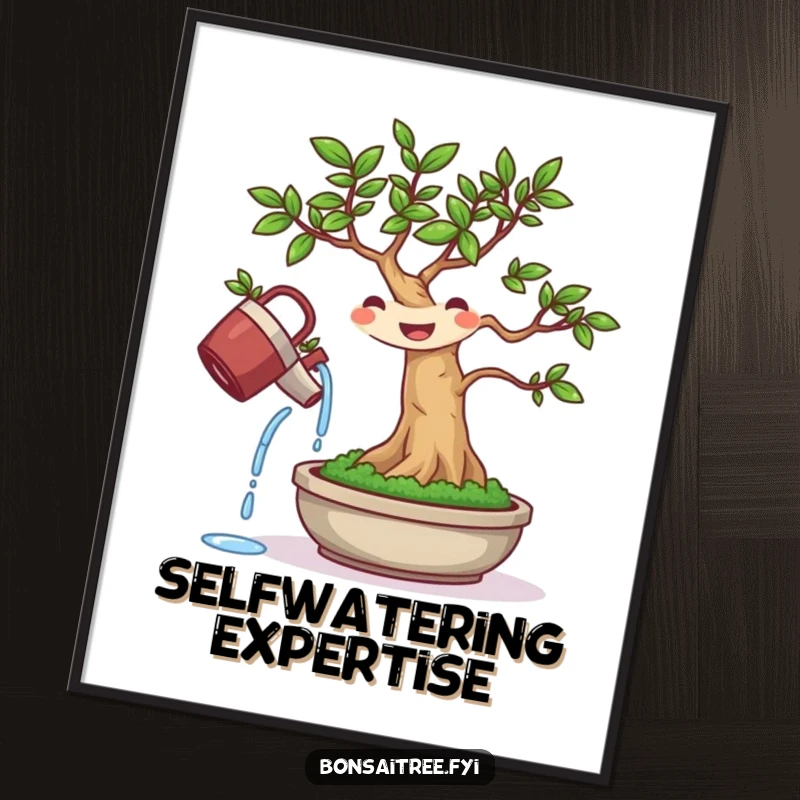 Funny digital art print of a happy bonsai tree character vigorously watering itself, adding humor to any space.