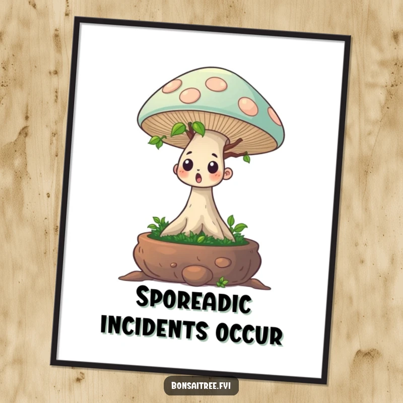 Funny digital art print of a surprised bonsai tree character with a comically large mushroom sprouting from its head. Instant humor.