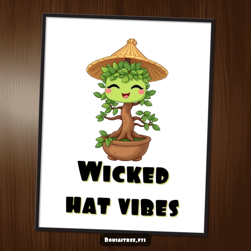 Funny Bonsai Tree Digital Art Print: A charming bonsai character winks playfully while wearing a miniature straw hat, perfect for instant decor.