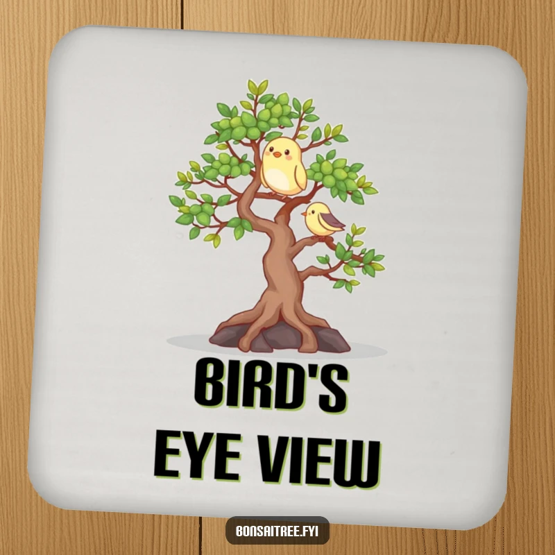 Funny drink coaster featuring a happy bonsai tree with a bird, adding a touch of natural joy and protection.